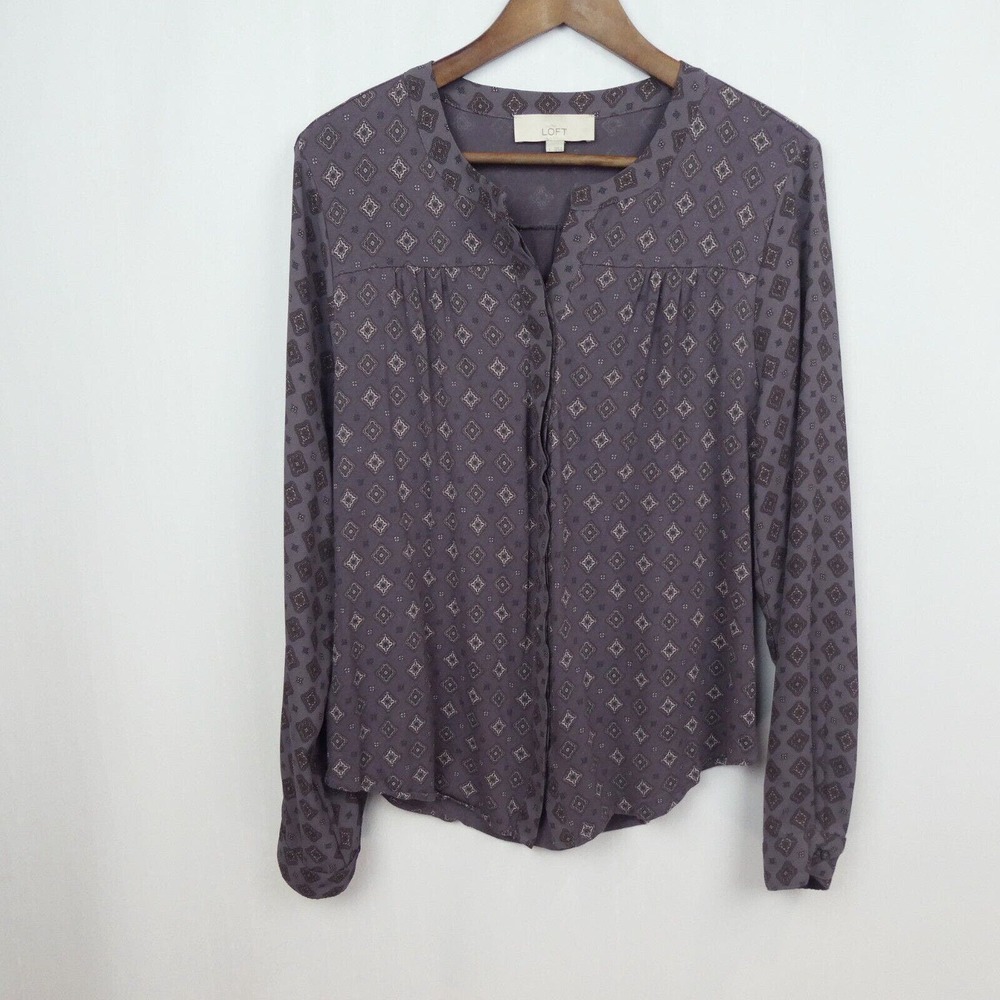 Loft Mixed Material Blouse Sz L Dark Purple Medallion Foulard Print Knit Body